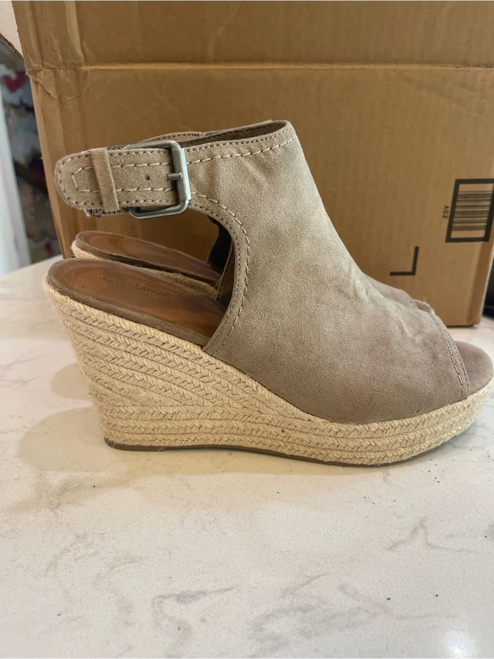 Taupe Open-Toe Suede Wedge Sandals with Ankle Strap
